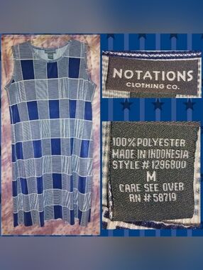 Notations Navy Blue & Wht Finely Ribbed Checks & Striped Shift Tank Dress Sz Med